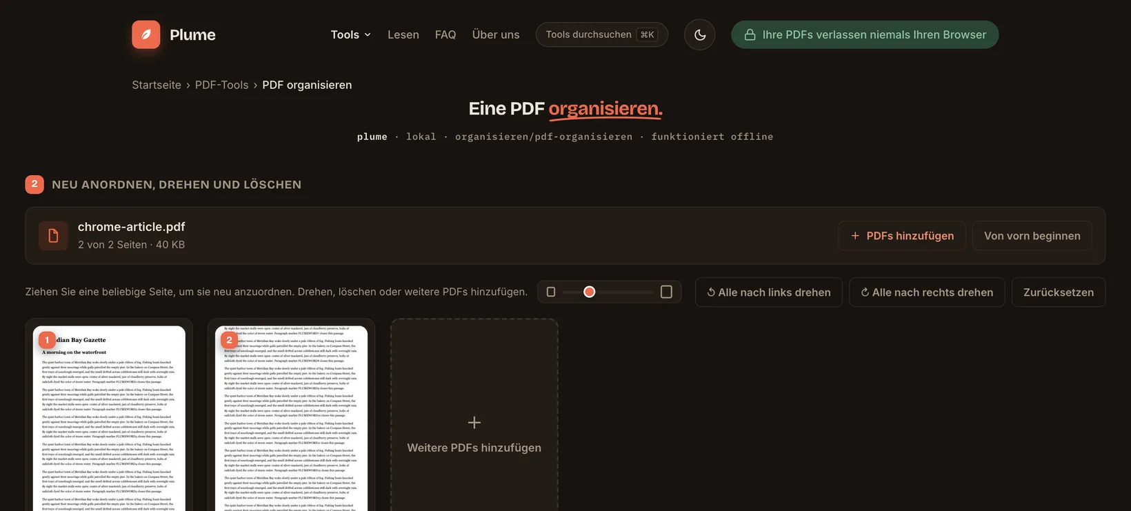 Eine PDF im Organisieren-Arbeitsbereich von Plume, mit Seitenvorschauen zum Neuanordnen, vollständig im Browser
