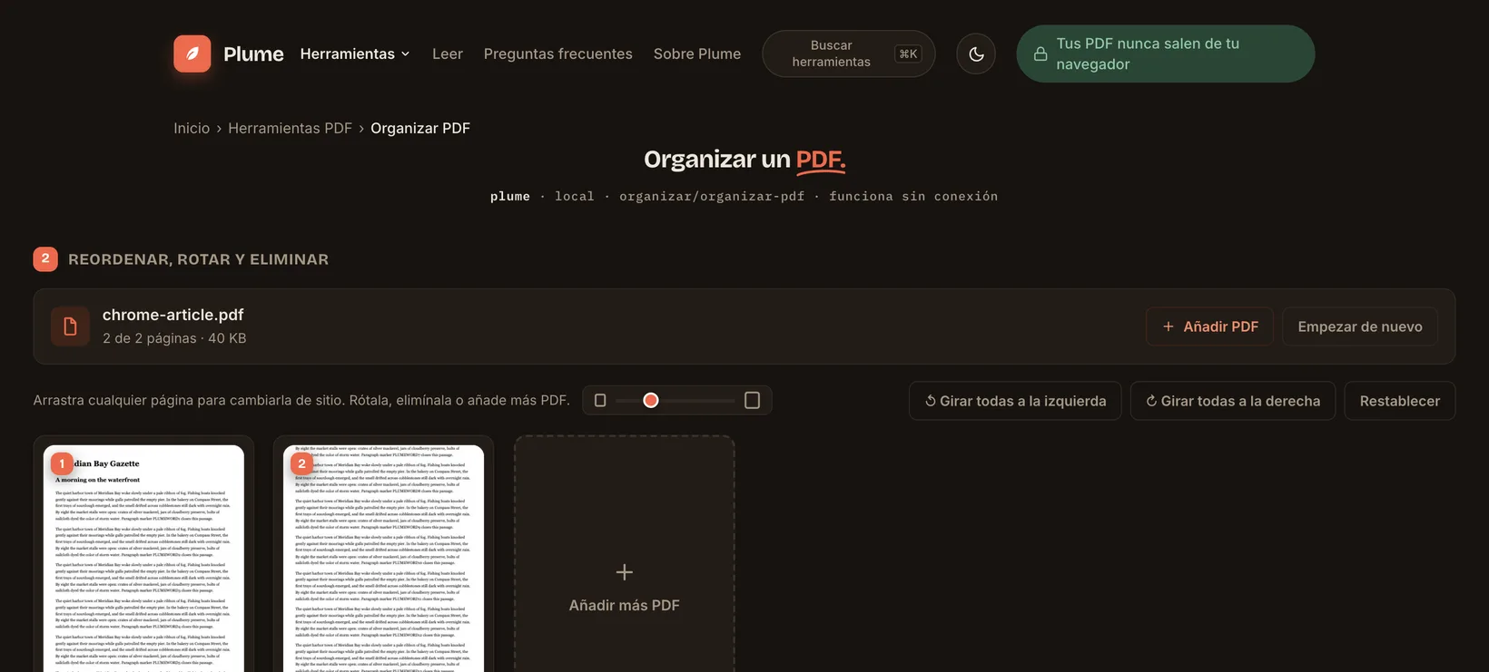 Tres PDF unidos en un solo archivo con Plume, todo en tu navegador