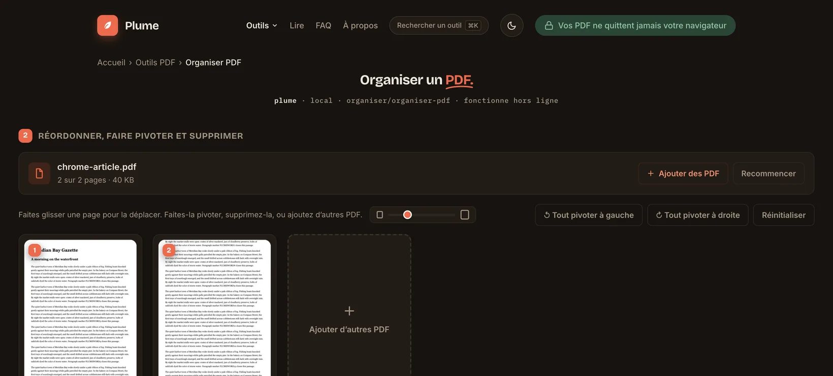 Trois PDF fusionnés en un seul dans Plume, entièrement dans le navigateur