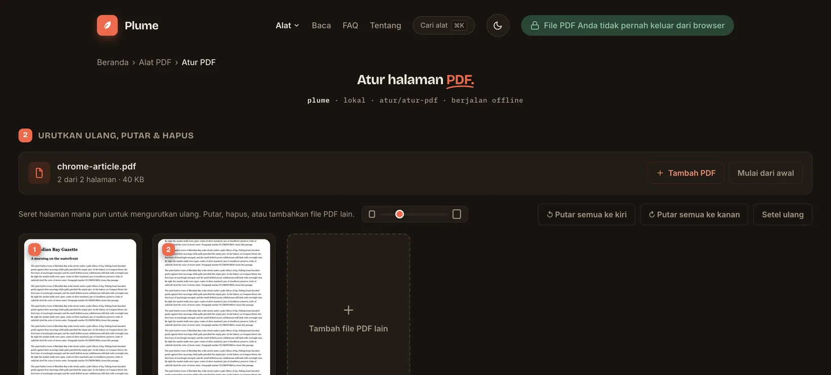 Satu file PDF di ruang kerja Atur milik Plume, dengan pratinjau halaman untuk disusun ulang, seluruhnya di browser