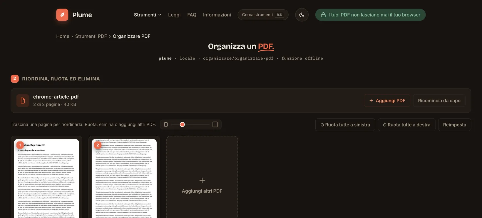 Tre PDF uniti in un unico file con Plume, tutto nel browser