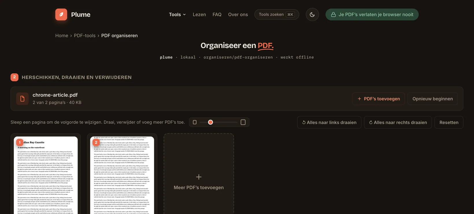 Eén PDF in de werkruimte Organiseren van Plume, met paginavoorbeelden om te herschikken, volledig in de browser
