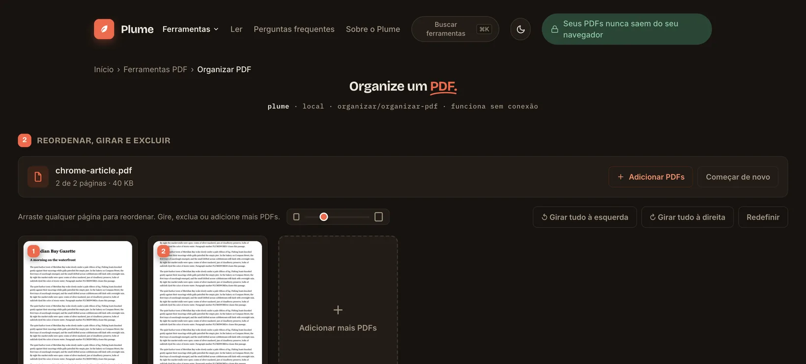 Três PDFs juntados em um só arquivo na Plume, tudo no navegador