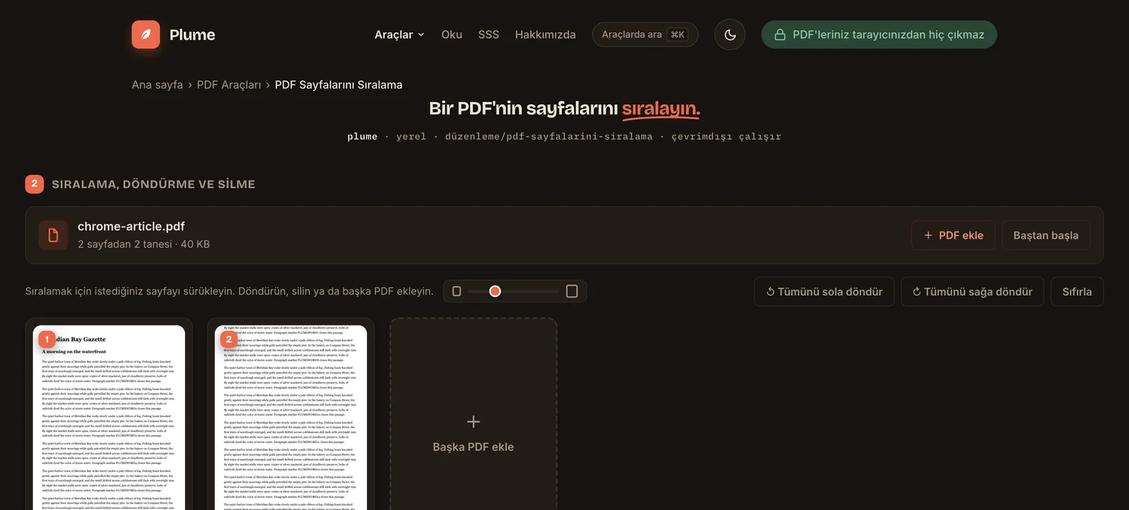 Plume'da üç PDF'yi tamamen tarayıcıda tek dosyada birleştirme