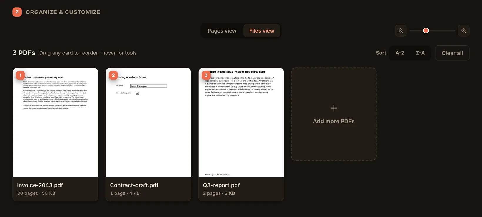 Merging three PDFs into one in Plume, entirely in the browser