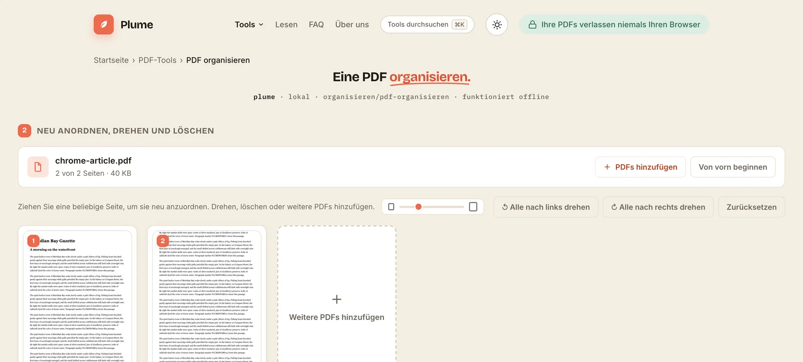 Eine PDF im Organisieren-Arbeitsbereich von Plume, mit Seitenvorschauen zum Neuanordnen, vollständig im Browser