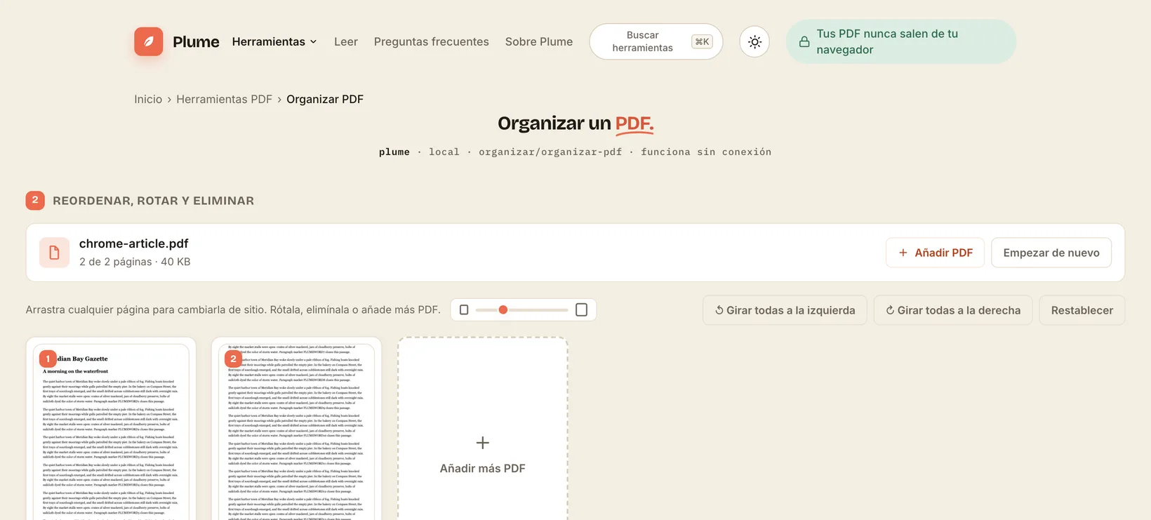 Tres PDF unidos en un solo archivo con Plume, todo en tu navegador