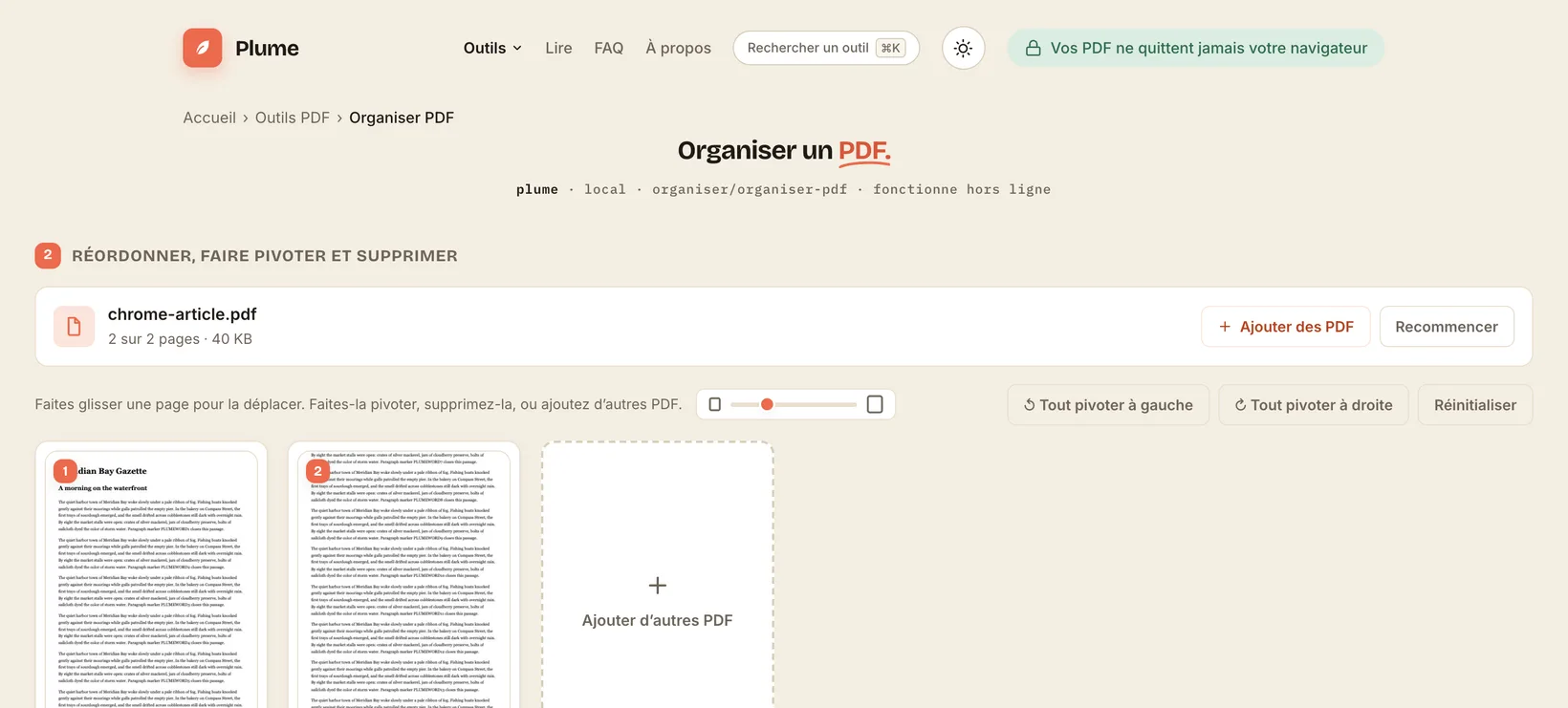 Trois PDF fusionnés en un seul dans Plume, entièrement dans le navigateur