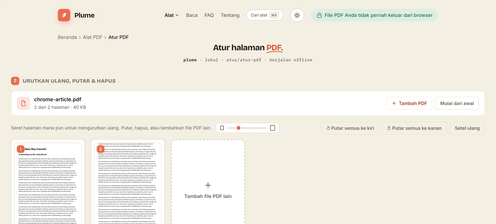 Satu file PDF di ruang kerja Atur milik Plume, dengan pratinjau halaman untuk disusun ulang, seluruhnya di browser