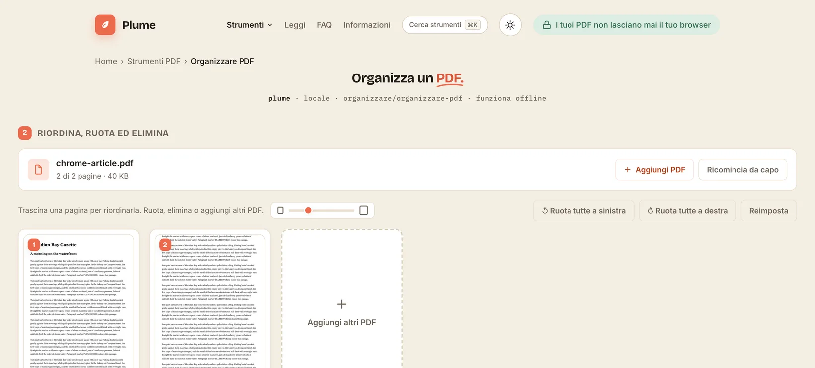 Tre PDF uniti in un unico file con Plume, tutto nel browser