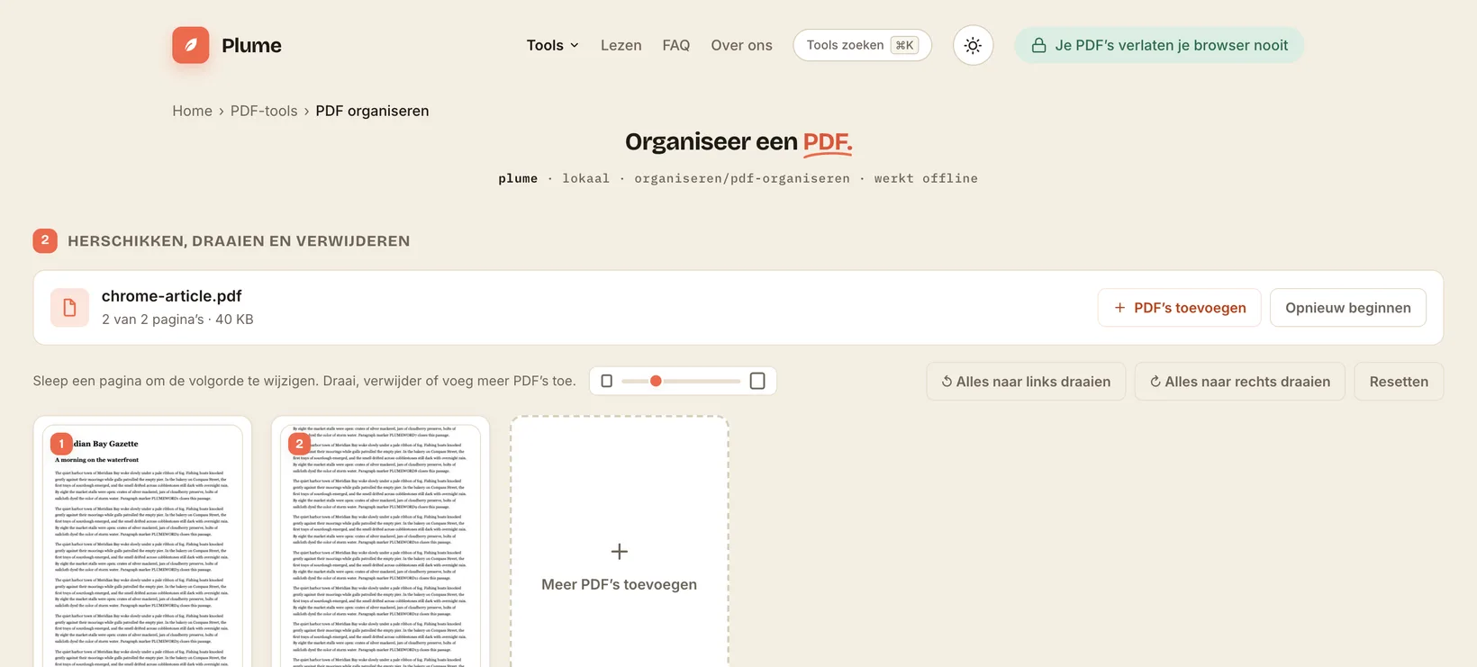 Eén PDF in de werkruimte Organiseren van Plume, met paginavoorbeelden om te herschikken, volledig in de browser