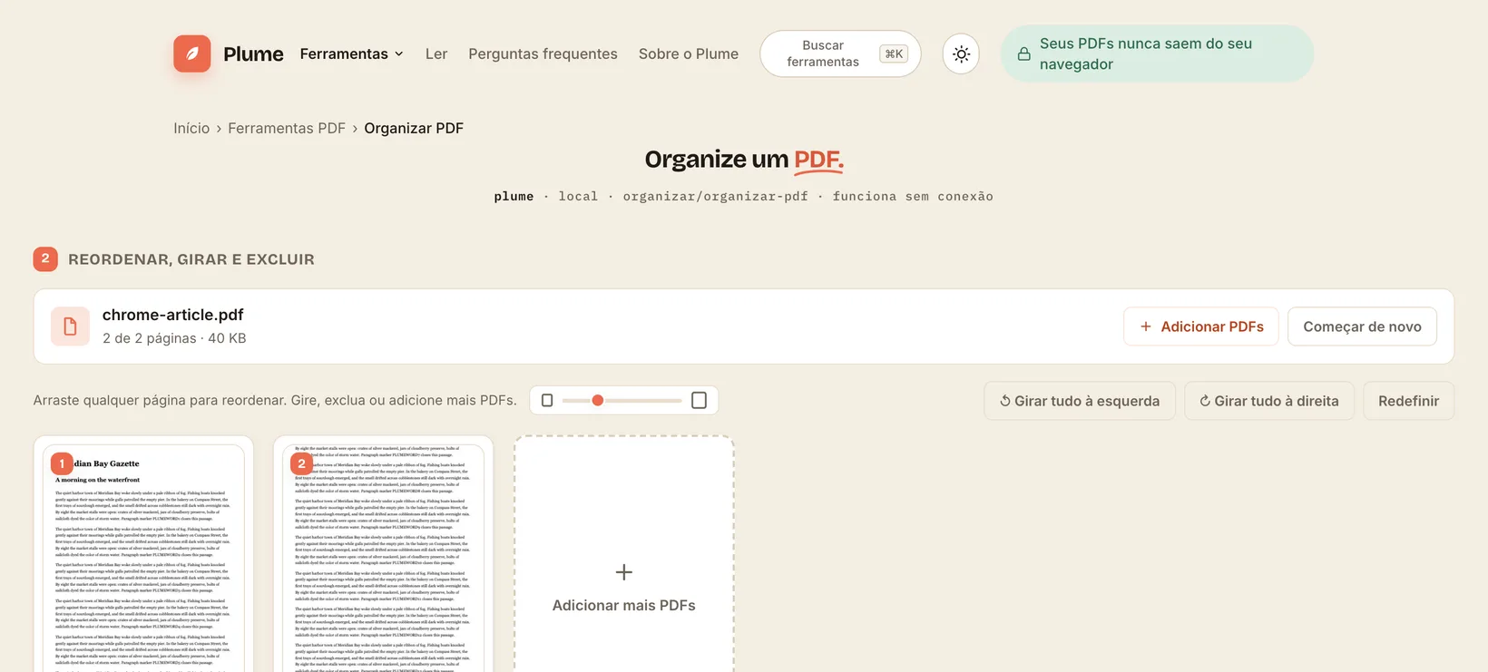 Três PDFs juntados em um só arquivo na Plume, tudo no navegador