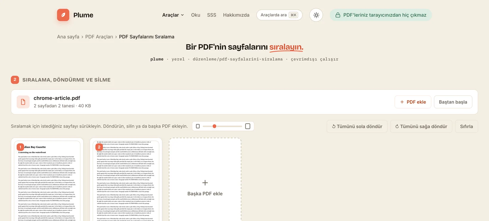 Plume'da üç PDF'yi tamamen tarayıcıda tek dosyada birleştirme