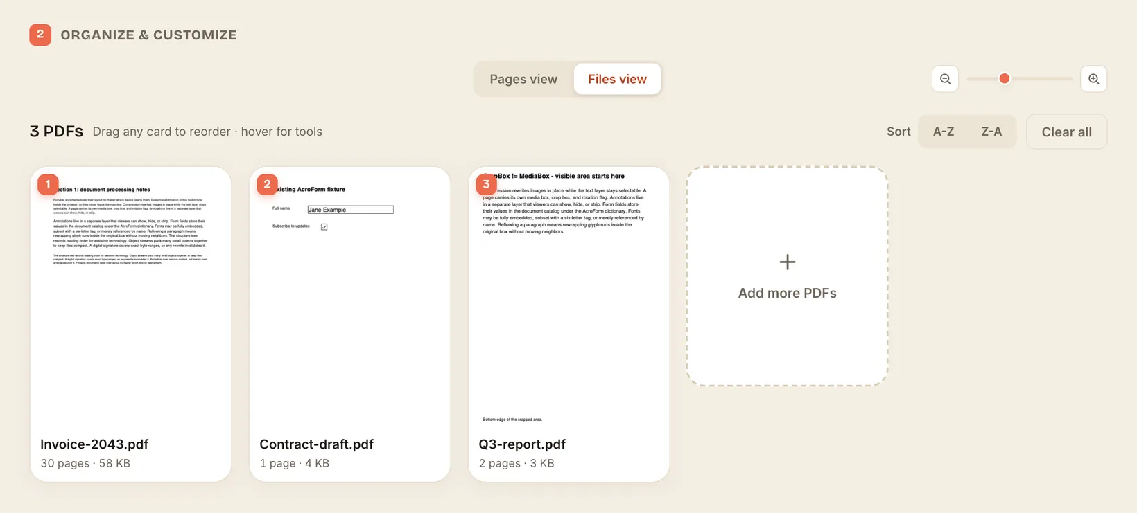 Merging three PDFs into one in Plume, entirely in the browser